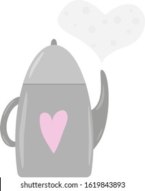 Cute vector illustration for greeting card or invitation design; isolated grey kettle with pink heart on white background.