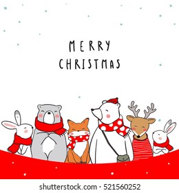 Cute vector illustration greeting card background of animal in winter Happy Merry Christmas holiday with bear,rabbit,fox,deer.Draw doodle style.