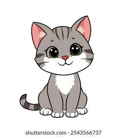 A cute vector illustration of a grey tabby kitten with big green eyes, a pink nose, and white chest fur. The kitten has soft pink inner ears, grey stripes, and a friendly, cartoon-like style.