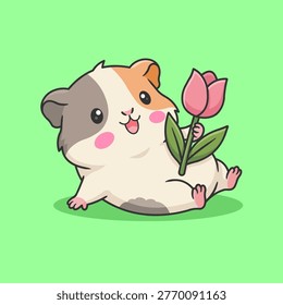 A cute vector illustration of a guinea pig mascot lying down while holding a tulip, capturing a fresh spring vibe.