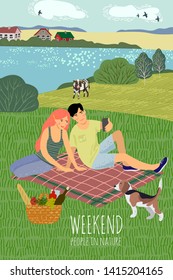 Cute vector illustration with a guy and a girl, resting on the nature. Couple sitting on the bedspread, dog and foodbasket on a picnic against the background of the rural landscape