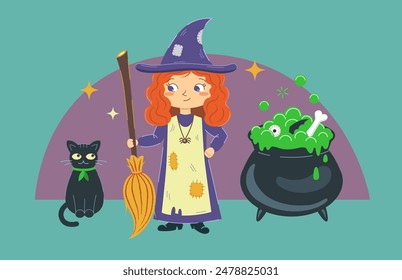 Cute vector illustration with a halloween cartoon witch, a broom, a cat and a caldron.