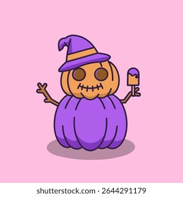 Cute vector illustration of a Halloween pumpkin wearing a witch hat and happily holding a magical ice cream created from a witch's potion.
