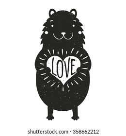 Cute vector illustration with Hamster holding a heart. Word "Love" inside with rays. Romantic vintage style greeting card with lettering text. Valentine's day card with cartoon animal character.