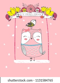 Cute vector illustration of hand drawn ow with her baby bird ride on a swing with flower wreath, lettering best friends forever, tape, stars, mother's day card, print for t shirt, valentine's day