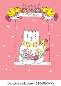 Cute vector illustration of hand drawn cat baby boy ride on a swing with flower wreath, tape, stars, mother's day card, print for t shirt, baby shower