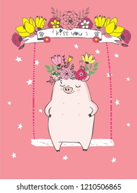 Cute vector illustration of hand drawn piggy baby boy ride on a swing, tape, stars, mother's day card, print for t shirt, baby shower