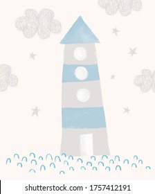 Cute Vector Illustration with Hand Drawn Light House and Cloudy Sky. Lovely Marine Party Decoration. Abstract Infantile Style Light House Isolated on an Off-White Background. Kids Room Decoration.