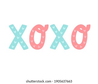 Cute vector illustration with hand drown doodle lettering XOXO and small hearts. Love and kisses concept. Greeting card or banner for Valentine's day. Pink and blue pastel colour