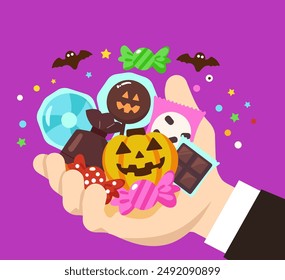 A cute vector illustration of a hand grabbing candy on Halloween