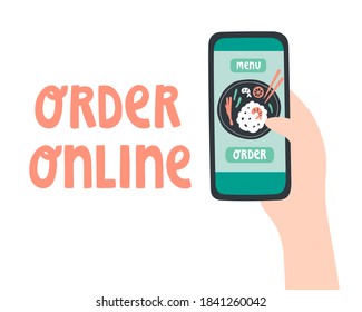 Cute vector illustration with hand holding smartphone in doodle style. Order food online from website. For blog, mobile apps, advertisement. Food delivery service. Asian traditional food in your app