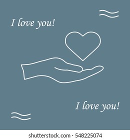 Cute vector illustration: hand holds heart. Love symbol. Design for banner, flyer, poster or print. 