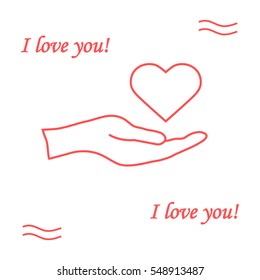 Cute vector illustration: hand holds heart. Love symbol. Design for banner, flyer, poster or print. 