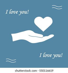 Cute vector illustration: hand holds heart. Love symbol. Design for banner, flyer, poster or print. 
