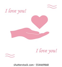 Cute vector illustration: hand holds heart. Love symbol. Design for banner, flyer, poster or print. 