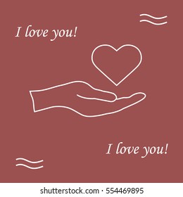 Cute vector illustration: hand holds heart. Love symbol. Design for banner, flyer, poster or print. 