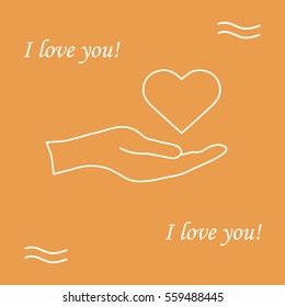 Cute vector illustration: hand holds heart. Love symbol. Design for banner, flyer, poster or print. 