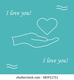 Cute vector illustration: hand holds heart. Love symbol. Design for banner, flyer, poster or print. 