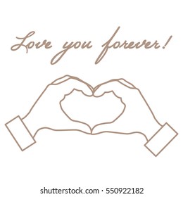 Cute vector illustration: hand making a heart shape. Love symbol. Design for banner, flyer, poster or print. 