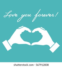 Cute vector illustration: hand making a heart shape. Love symbol. Design for banner, flyer, poster or print. 