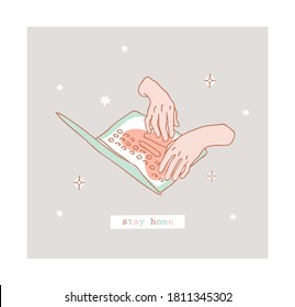 Cute vector illustration of hands over the laptop. Colored with pastel colors. Stay Home inscription. Isolated. 