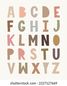 Cute Vector Illustration with Handwritten Alphabet. Blush, Gold, Pink and Brown Childish Style Letters Isolated on a Off-White Background. Simple Funny Alphabet Print ideal for Card, Poster, Wall Art.