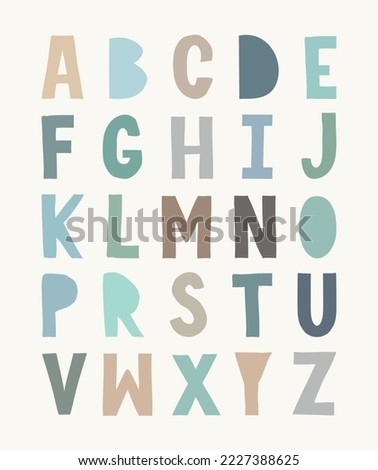 Cute Vector Illustration with Handwritten Alphabet. Blue, Beige, Gray and Brown Childish Style Letters Isolated on a Off-White Background. Simple Funny Alphabet Print ideal for Card, Poster, Wall Art.
