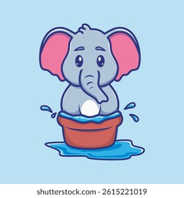 Cute vector illustration of a happy baby elephant joyfully soaking in a water filled basin, celebrating the Songkran water festival with playful delight.