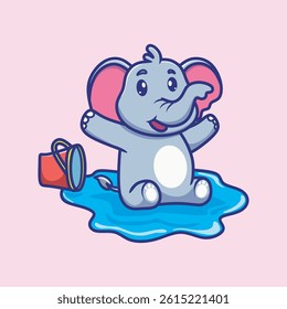 Cute vector illustration of a happy baby elephant playfully splashing water with joy, celebrating the fun and excitement of Thailand’s Songkran water festival.