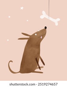 Cute Vector Illustration with Happy Brown Dog, Stars and Bone. Funny Dog ​​Trying To Reach Big White Bone Hunging Above Him. Lovely Nursery Art with Sweet Hungry Puppy. Kids' Room Decoration. RGB.