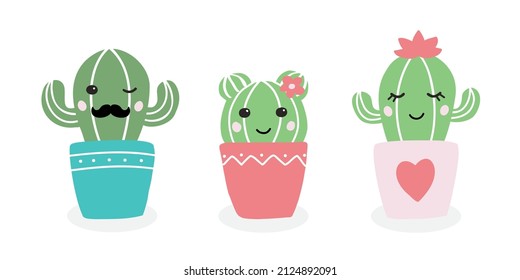 Cute vector illustration of happy cactus family. Doodle isolated cartoon cacti on the white background.