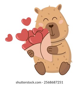 A cute vector illustration of a happy capybara holding a bouquet of hearts. Ideal for Valentine's Day cards, stickers, posters, and social media. Adorable and playful design with a warm, joyful vibe.