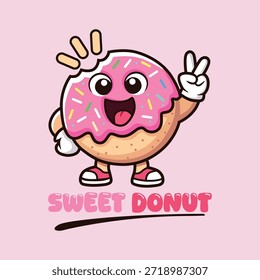 Una linda Ilustración vectorial de un personaje de dona feliz. La mascota de dibujos animados es de color rosa con coloridas salpicaduras, una marca de mordida, y está posando con un gesto de la mano de signo de paz. Este divertido gráfico con el texto "DULCE DONUT" es perfecto para una panadería, tienda de dulces, cafetería, o cualquier marca de alimentos y embalaje.
