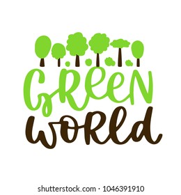 Cute vector illustration of happy Earth day lettering with element of tree. Text sign slogan design for quote poster, greeting card, eco print, cool badge