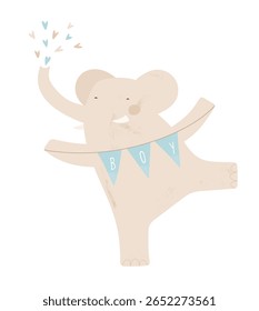 Ilustração vetorial bonito de elefante feliz com guirlanda azul e fonte do coração. Cartão De Chuveiro De Bebê Para Bebê. Feliz Bebê Elefante Bege Isolado Em Um Fundo Branco. Arte De Berçário Para Meninos. RGB