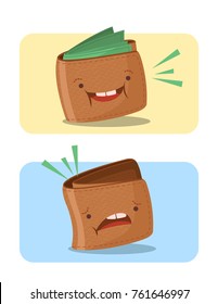 A cute vector illustration of happy full wallet and an unhappy empty wallet