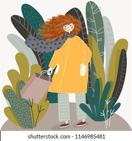 Cute vector illustration of happy girl female with blowing red curly hair wears yellow coat walking with shopping bag after sale in autumn day. Poster, decor for nursery room,  kids wear design, card