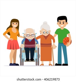 Cute vector illustration of happy grandparents with children/grandchildren. Grandfather in wheelchair. Granny with cane. Cartoon characters. Happy family. Generations. People with disability.