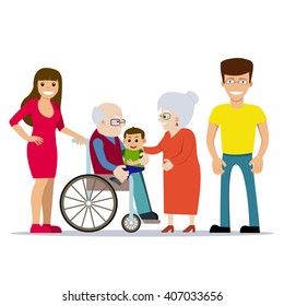 Cute vector illustration of happy grandparents with their children and grandchild. Grandfather in wheelchair holding baby on his lap. Cartoon style. Happy family. Generations. People with disability.