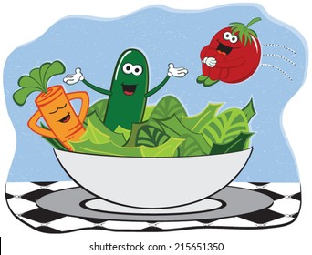 A cute vector illustration of a happy group of veggies in a healthy salad.