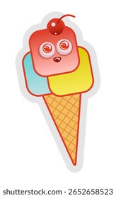 Cute vector illustration of a happy ice cream cone with colourful scoops and a cherry on top. Ideal for kids' designs, food-related projects, summer themes, and playful branding.