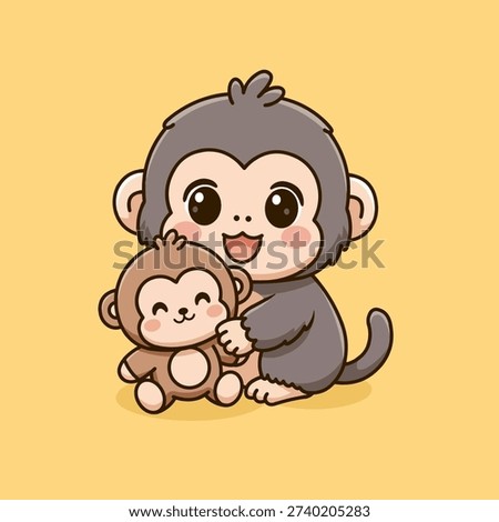 A cute vector illustration of a happy little monkey hugging a monkey doll with a warm and cheerful expression.