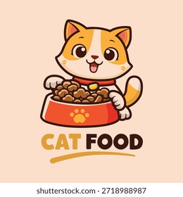 Una linda Ilustración vectorial de un gato naranja y blanco feliz disfrutando de un tazón de comida para mascotas. El diseño de la mascota de dibujos animados es perfecto para una tienda de mascotas, refugio de animales o cualquier marca relacionada con la comida y la nutrición de los gatos. El gráfico es adecuado para la marca, el embalaje, o como un icono.