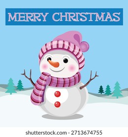 Linda Ilustración vectorial de un muñeco de nieve feliz con un sombrero rosa y una bufanda a rayas de pie en un escenario invernal con pinos y un Anuncio de "Navidades alegres"