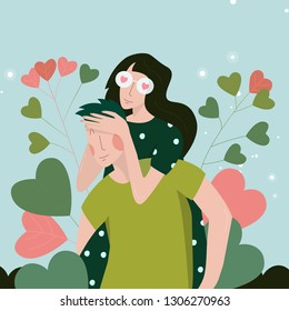 Cute vector illustration of happy young couple. Card for Valentine's Day, February 14. Flat illustration of lovers, girl and boy and heart plant.
