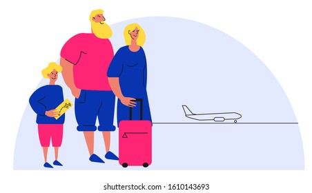 Cute vector illustration of happy young family at airport. Father, mother and little son go on a holiday trip. People with suitcase and boarding pass get on a plane