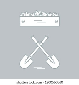 Cute vector illustration of harvest: two shovels and box of garlic. Design for banner, poster or print.