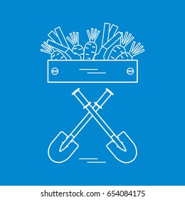 Cute vector illustration of harvest: two shovels, box of carrots and onion. Design for banner, poster or print.