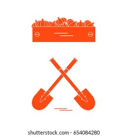 Cute vector illustration of harvest: two shovels and box of garlic. Design for banner, poster or print.