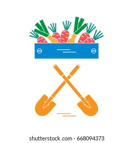 Cute vector illustration of harvest: two shovels, box of carrots and onion. Design for banner, poster or print.